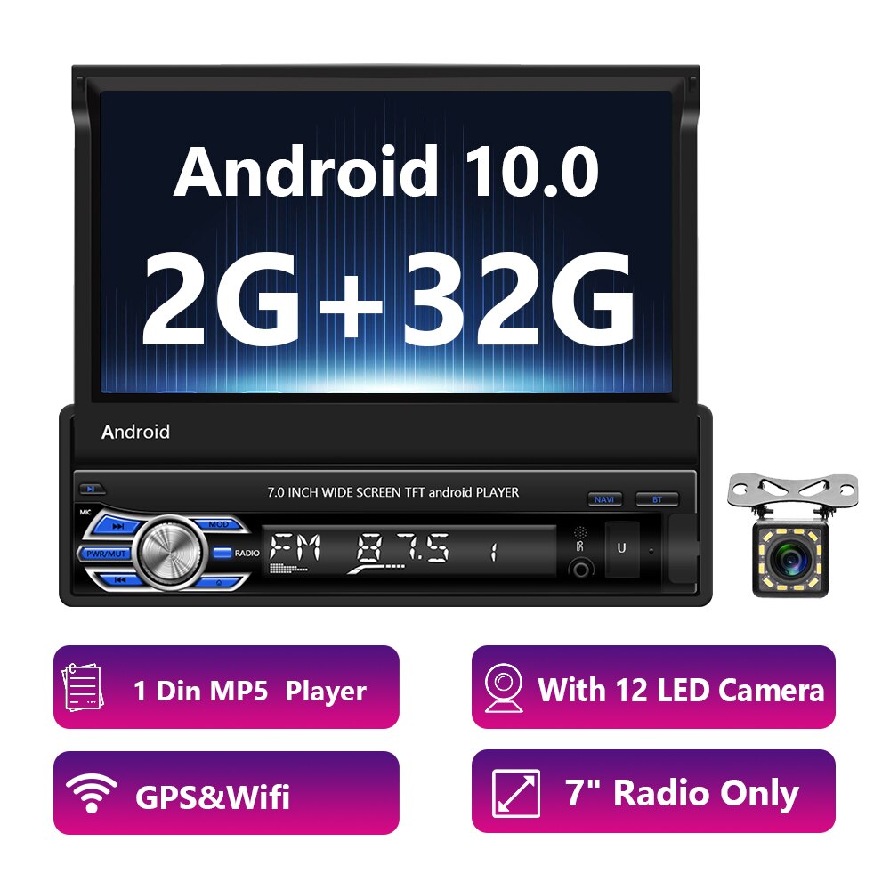 Podofo Android 2+32G 1 Din GPS Wifi Navigation Car Radio 7'' Retractable Screen Stereo Autoradio For Universal