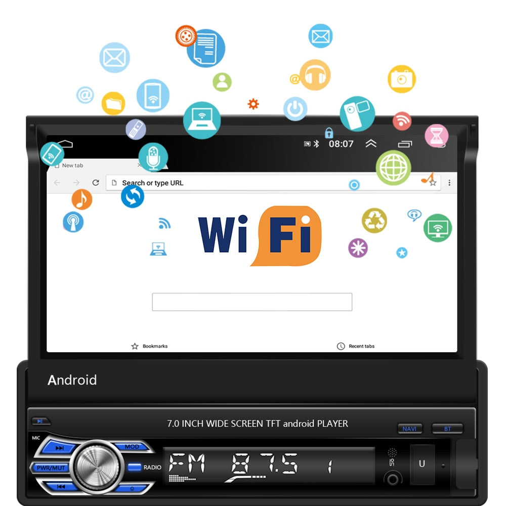 Podofo Android 2+32G 1 Din GPS Wifi Navigation Car Radio 7'' Retractable Screen Stereo Autoradio For Universal