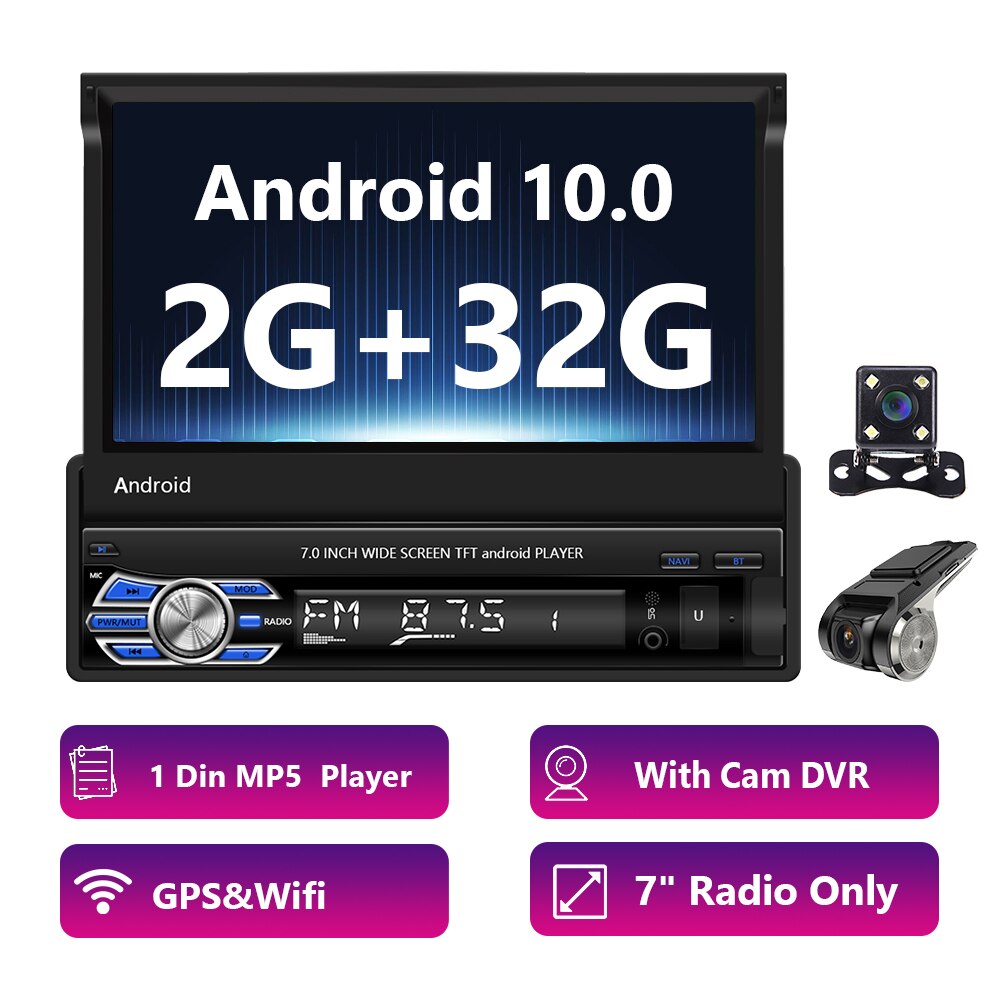 Podofo Android 2+32G 1 Din GPS Wifi Navigation Car Radio 7'' Retractable Screen Stereo Autoradio For Universal