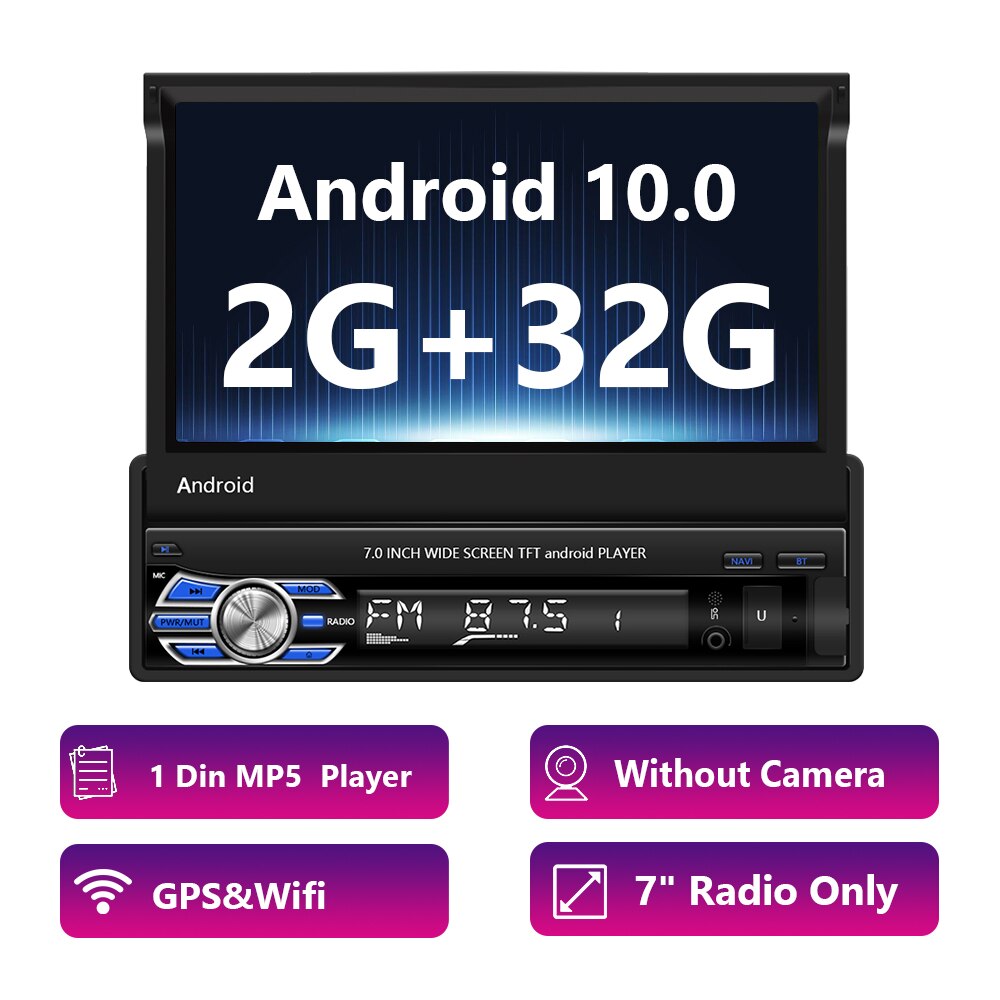 Podofo Android 2+32G 1 Din GPS Wifi Navigation Car Radio 7'' Retractable Screen Stereo Autoradio For Universal