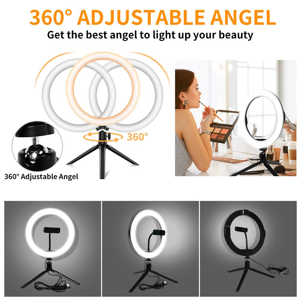 New Selfie Ring Light, 10” Ring Light with Tripod Stand & Cell Phone Holder for Live Stream, Makeup, Dimmable Desktop LED Circle