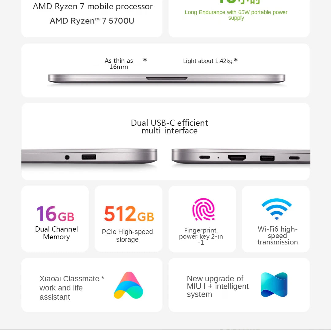 New Xiaomi RedmiBook Pro 14 Laptop AMD Ryzen 5700U /5500U Processor 16GB DDR4+512GB SSD 2.5K Super Retina Full Screen Notebook