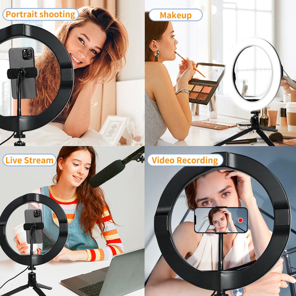 New Selfie Ring Light, 10” Ring Light with Tripod Stand & Cell Phone Holder for Live Stream, Makeup, Dimmable Desktop LED Circle