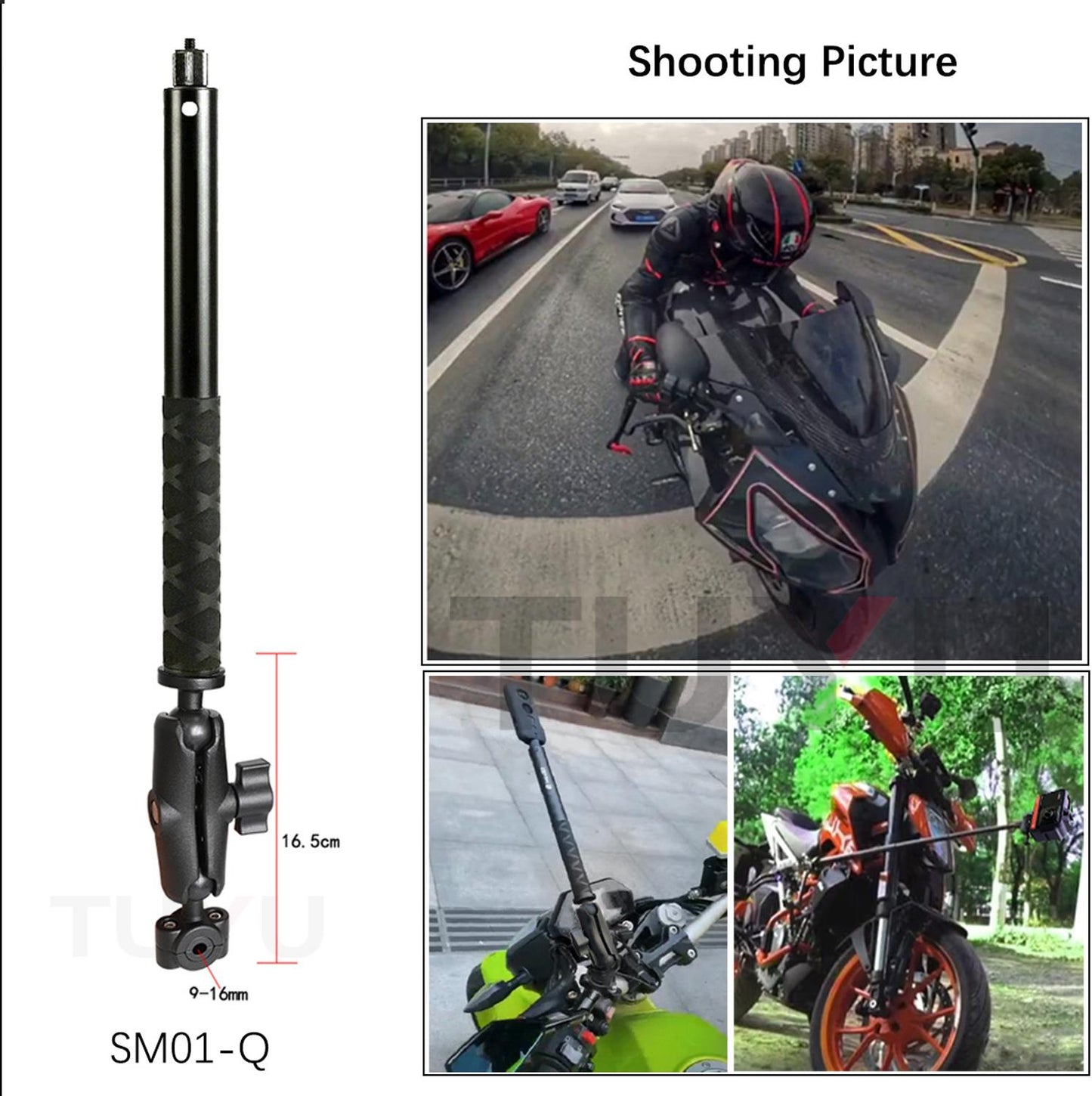 TUYU Motorcycle 3rd Person View Invisible Selfie Stick for GoPro Max Hero11 Insta360 One X3 X2 OneR Camera RAM Mount Accessories