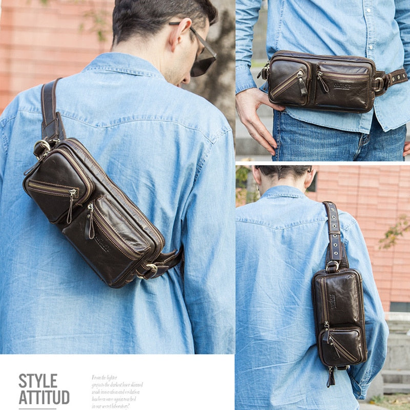 CONTACT'S genuine leather men's belt bag new small fanny pack top quality male waist bag for cell phone travel chest bags man