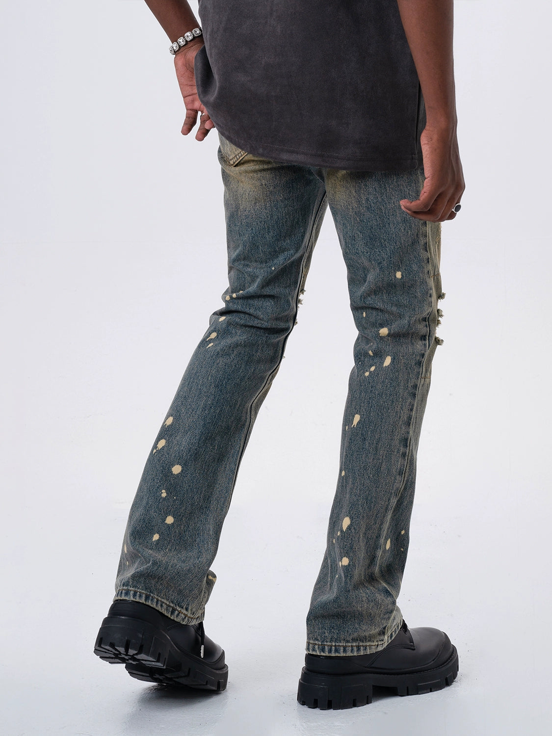 Mt99 American Retro Washed Make Old Ripped Jeans High Street Casual Loose Graffiti Bootcut Pants Men