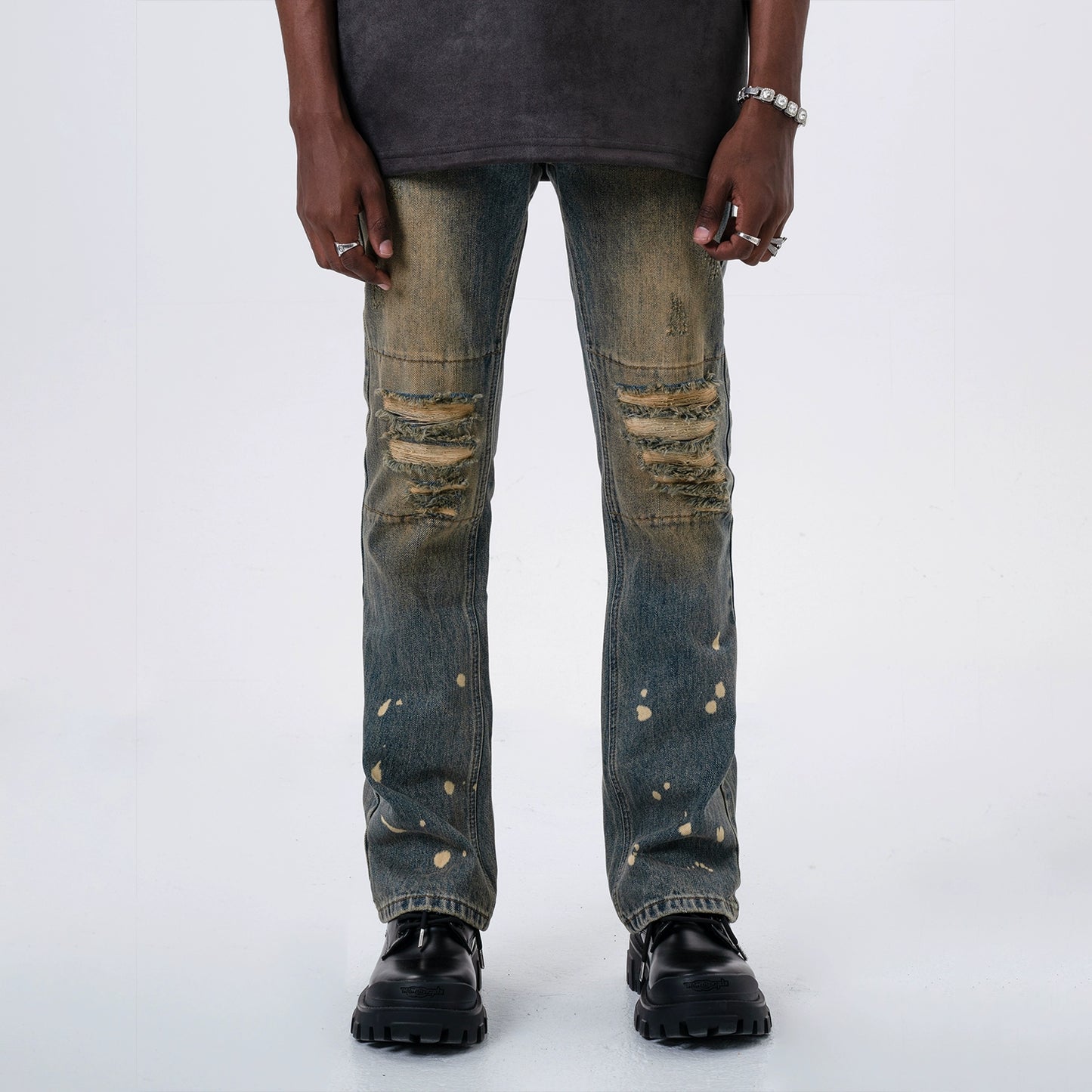 Mt99 American Retro Washed Make Old Ripped Jeans High Street Casual Loose Graffiti Bootcut Pants Men