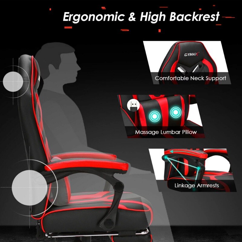 Gymax Massage Gaming Chair Racing Recliner Computer Desk Chair w/Footrest Red