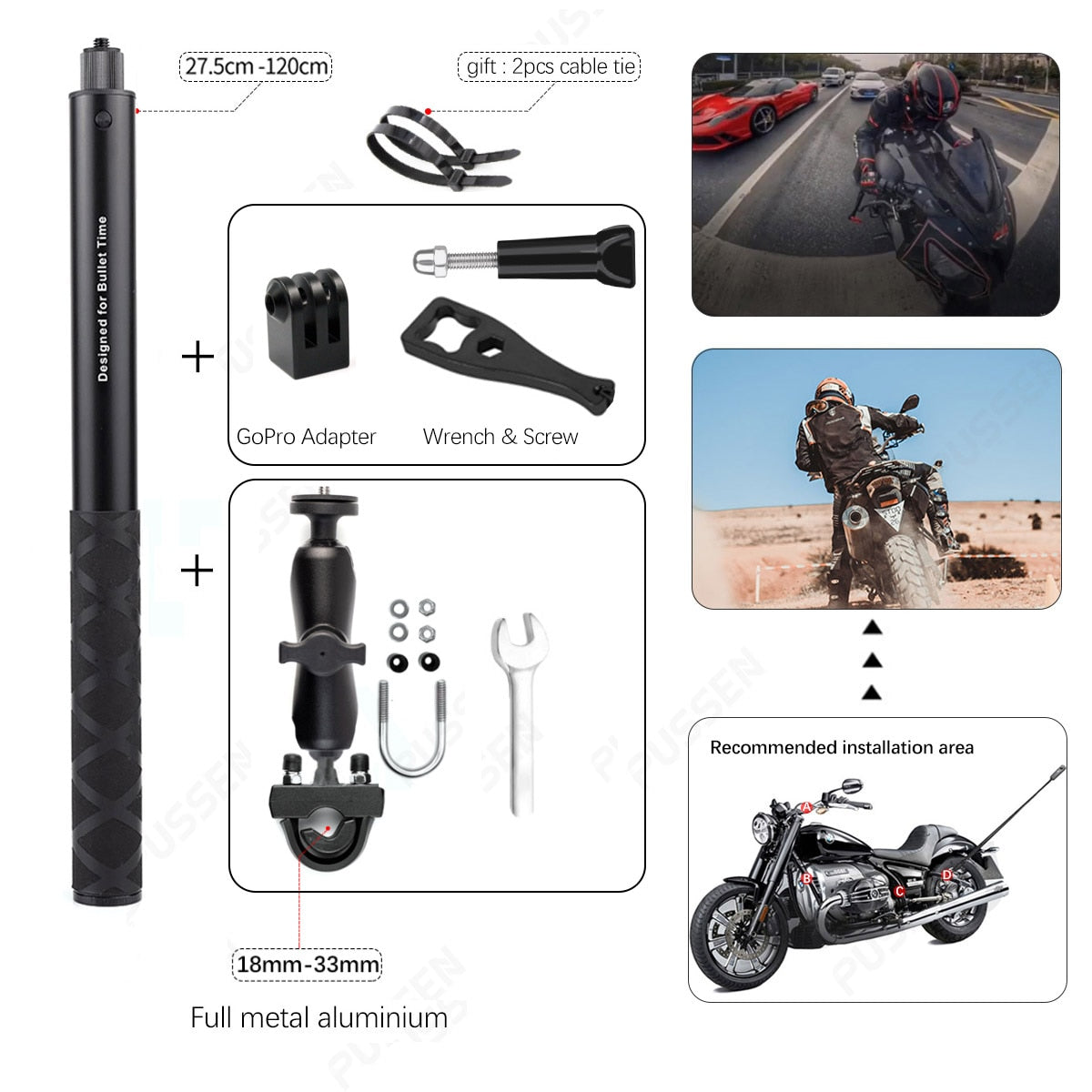 TUYU Motorcycle 3rd Person View Invisible Selfie Stick for GoPro Max Hero11 Insta360 One X3 X2 OneR Camera RAM Mount Accessories