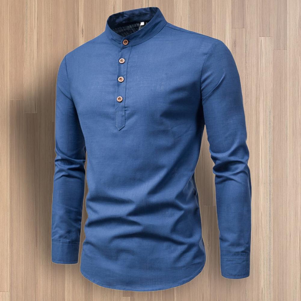 Autumn Men Shirt Solid Color Stand Collar Long Sleeve Buttons Anti-pilling Business Pullover Slim Fit Spring Shirt for Work