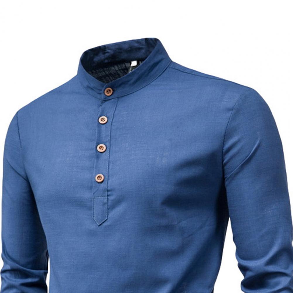 Autumn Men Shirt Solid Color Stand Collar Long Sleeve Buttons Anti-pilling Business Pullover Slim Fit Spring Shirt for Work