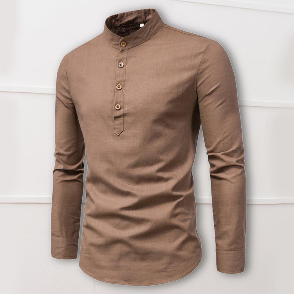 Autumn Men Shirt Solid Color Stand Collar Long Sleeve Buttons Anti-pilling Business Pullover Slim Fit Spring Shirt for Work