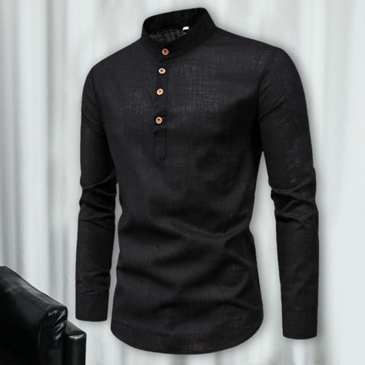 Autumn Men Shirt Solid Color Stand Collar Long Sleeve Buttons Anti-pilling Business Pullover Slim Fit Spring Shirt for Work