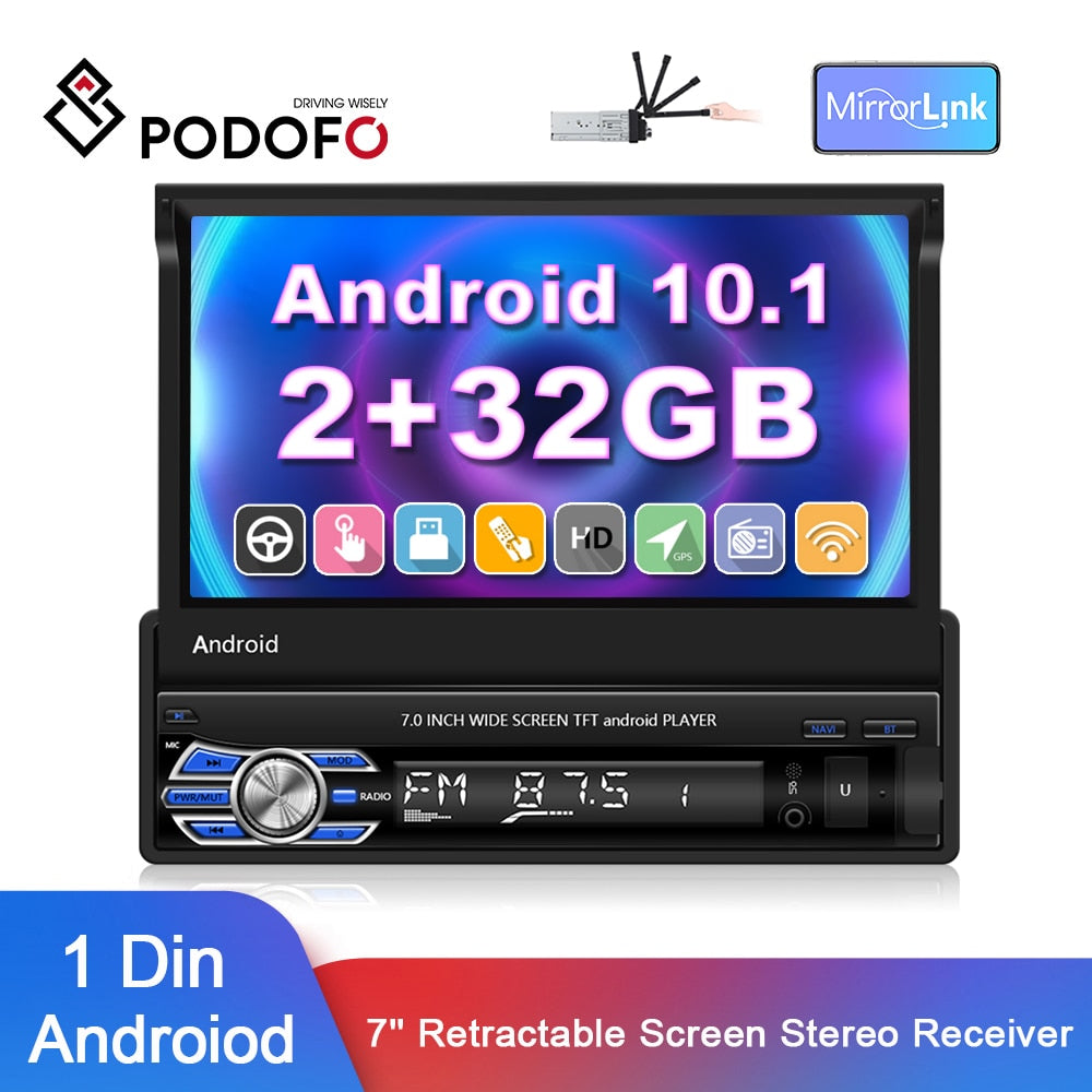 Podofo Android 2+32G 1 Din GPS Wifi Navigation Car Radio 7'' Retractable Screen Stereo Autoradio For Universal