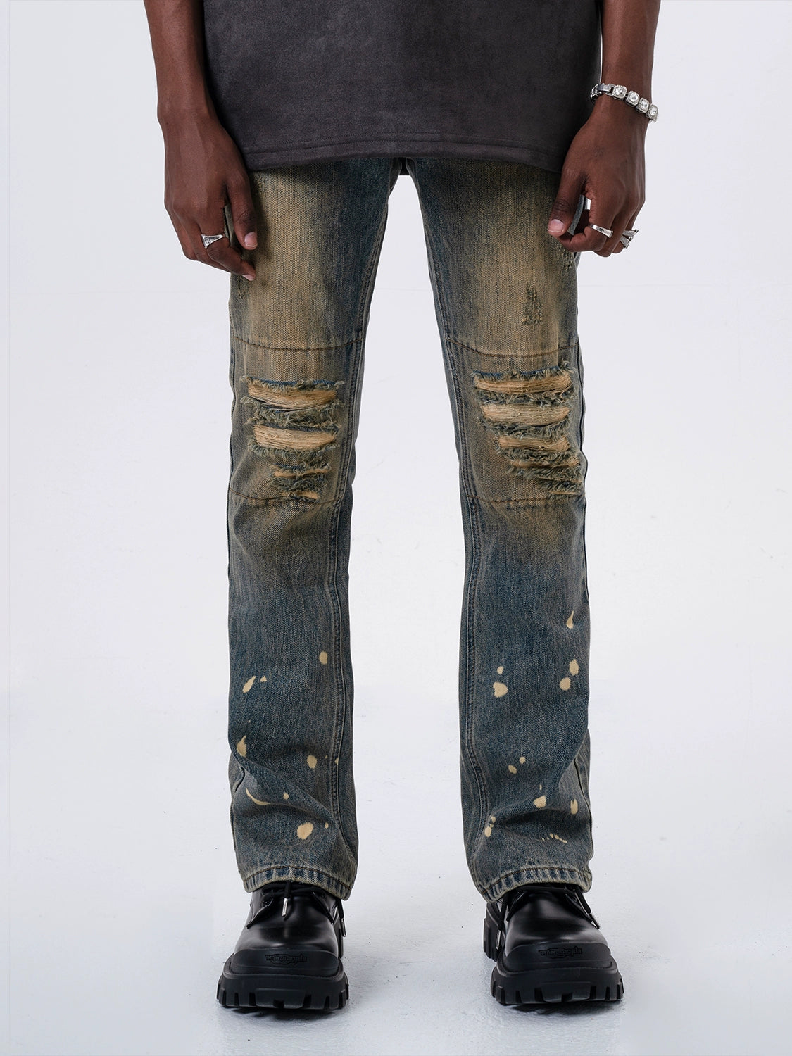 Mt99 American Retro Washed Make Old Ripped Jeans High Street Casual Loose Graffiti Bootcut Pants Men