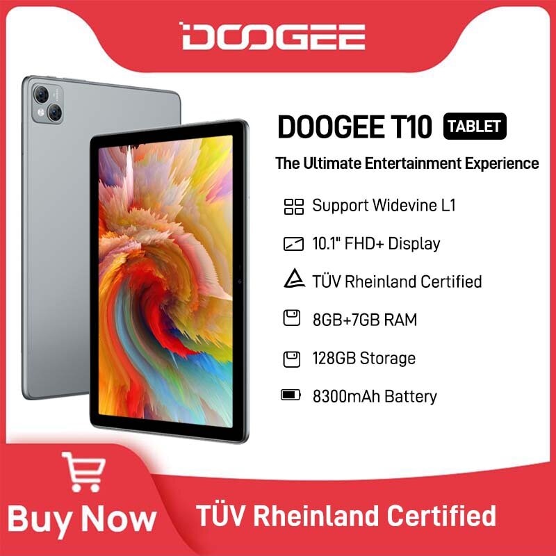 DOOGEE T10 Tablet 10.1" FHD+ TÜV Rheinland Certified Display 8GB+128GB Octa Core Widevine L1 Android 12 Pad 13MP Camera 8300mAh